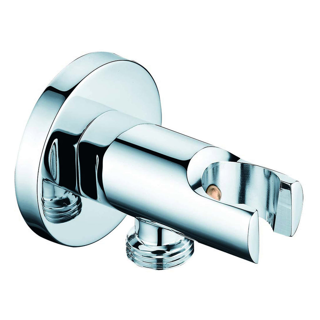 Shower faucet handle in polished chrome finish, modern bathroom accessory, installed on wall with round mounting plate, high-quality plumbing fixture for contemporary bathrooms.