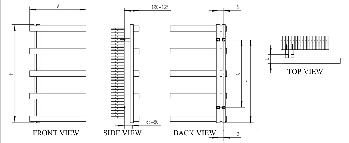 Reina Piazza Polished Stainless Steel Heated Towel Rail - technical drawing with dimensions