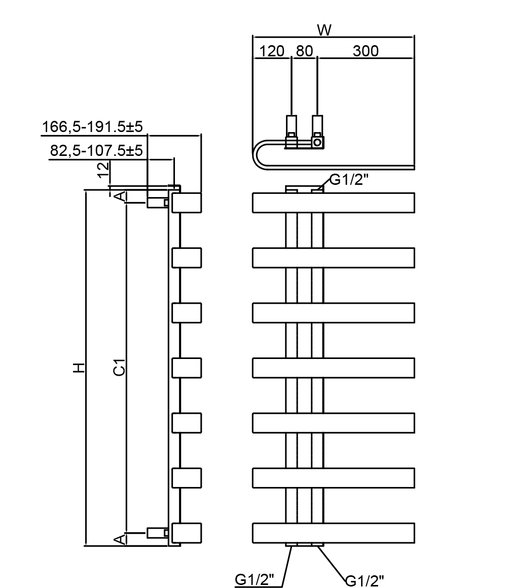 Reina Panaro Brushed Gun Metal Heated Towel Rail - technical drawing with dimensions