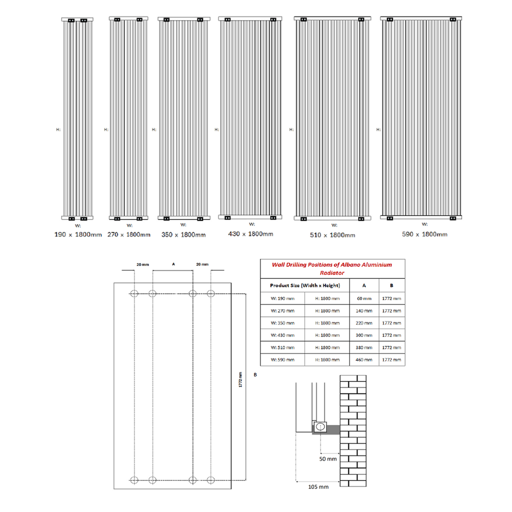 Reina Albano White Vertical Designer Radiator - technical drawing with dimensions