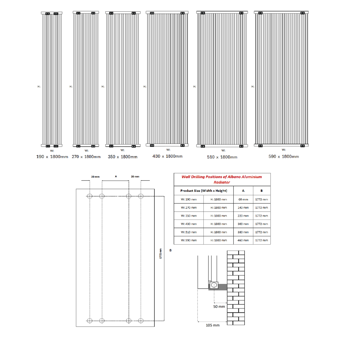 Reina Albano Brass Vertical Designer Radiator - technical drawing with dimensions