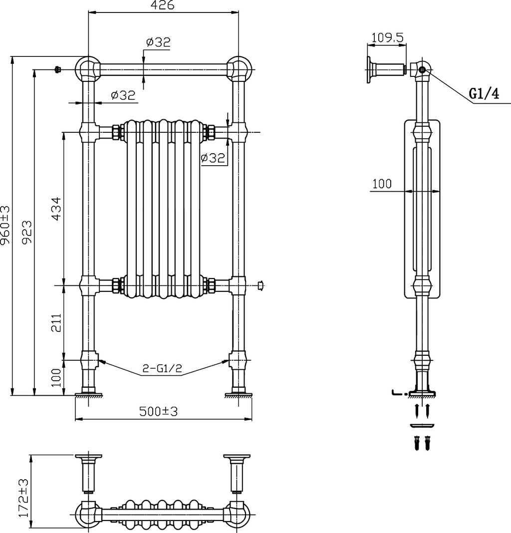 Reina Oxford Chrome/White Traditional Heated Towel Rail - technical drawing with dimensions