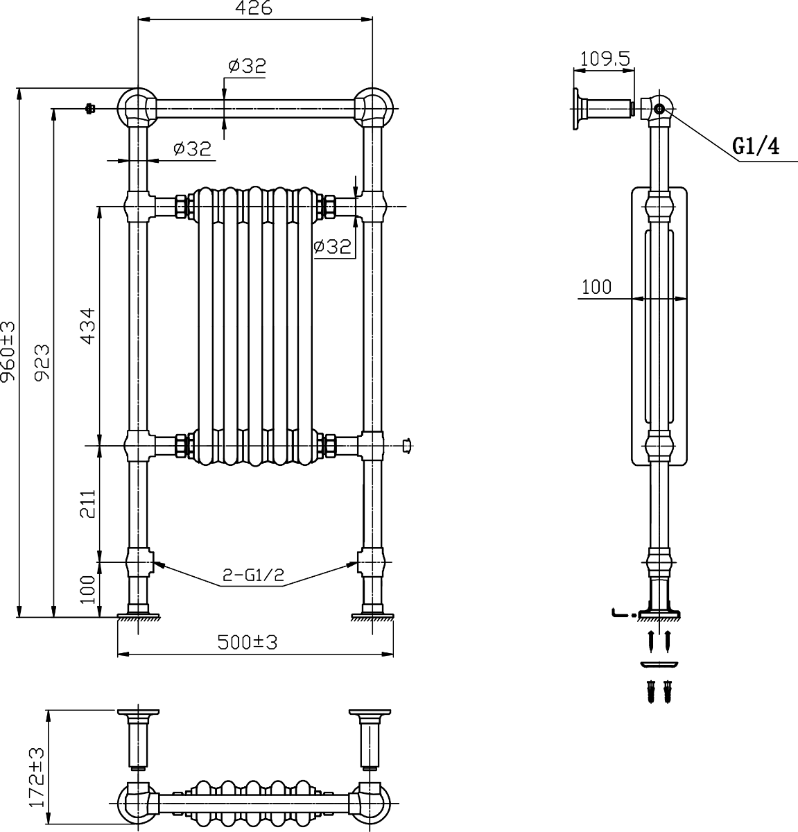 Reina Oxford Chrome/White Traditional Heated Towel Rail - technical drawing with dimensions