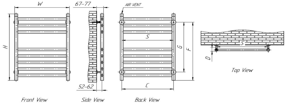 Reina Misa Polished Stainless Steel Heated Towel Rail - technical drawing with dimensions