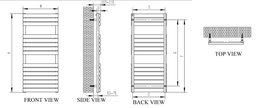 Reina Helin Polished Stainless Steel Heated Towel Rail - technical drawing with dimensions
