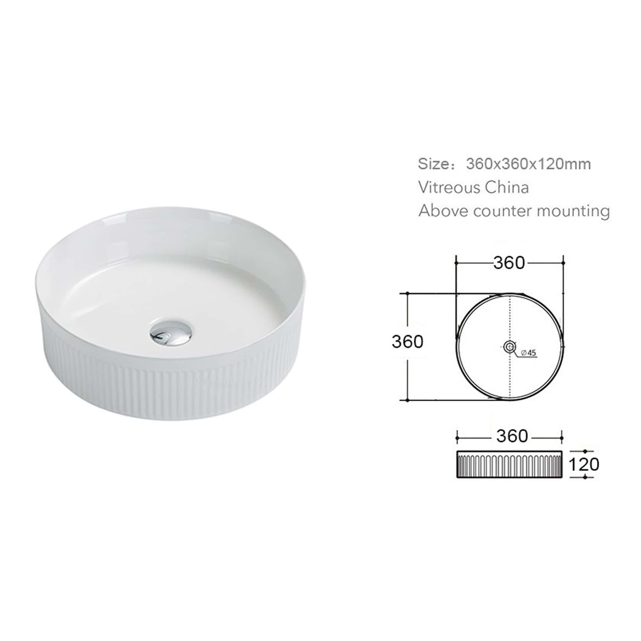 Sleek white circular bathroom sink with ribbed sides, designed for above-counter mounting; made from vitreous china, measuring 360x360x120mm, perfect for modern bathroom renovations.