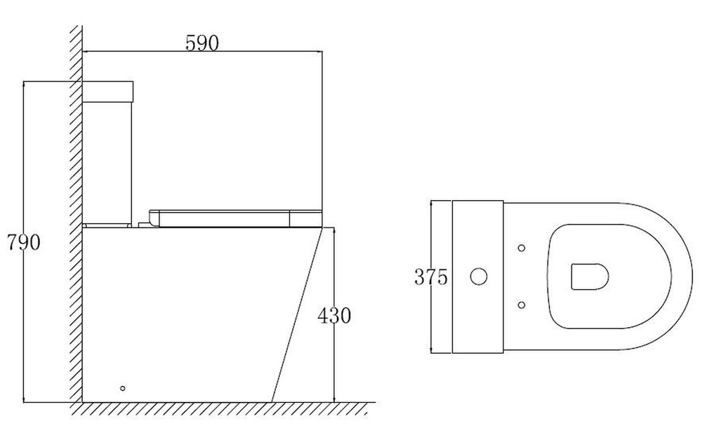 Tailored Ferrara Plus D Shaped Rimless Back To Wall Comfort Height Close Coupled Toilet With Cistern And Soft Close Seat - White - technical drawing with dimensions