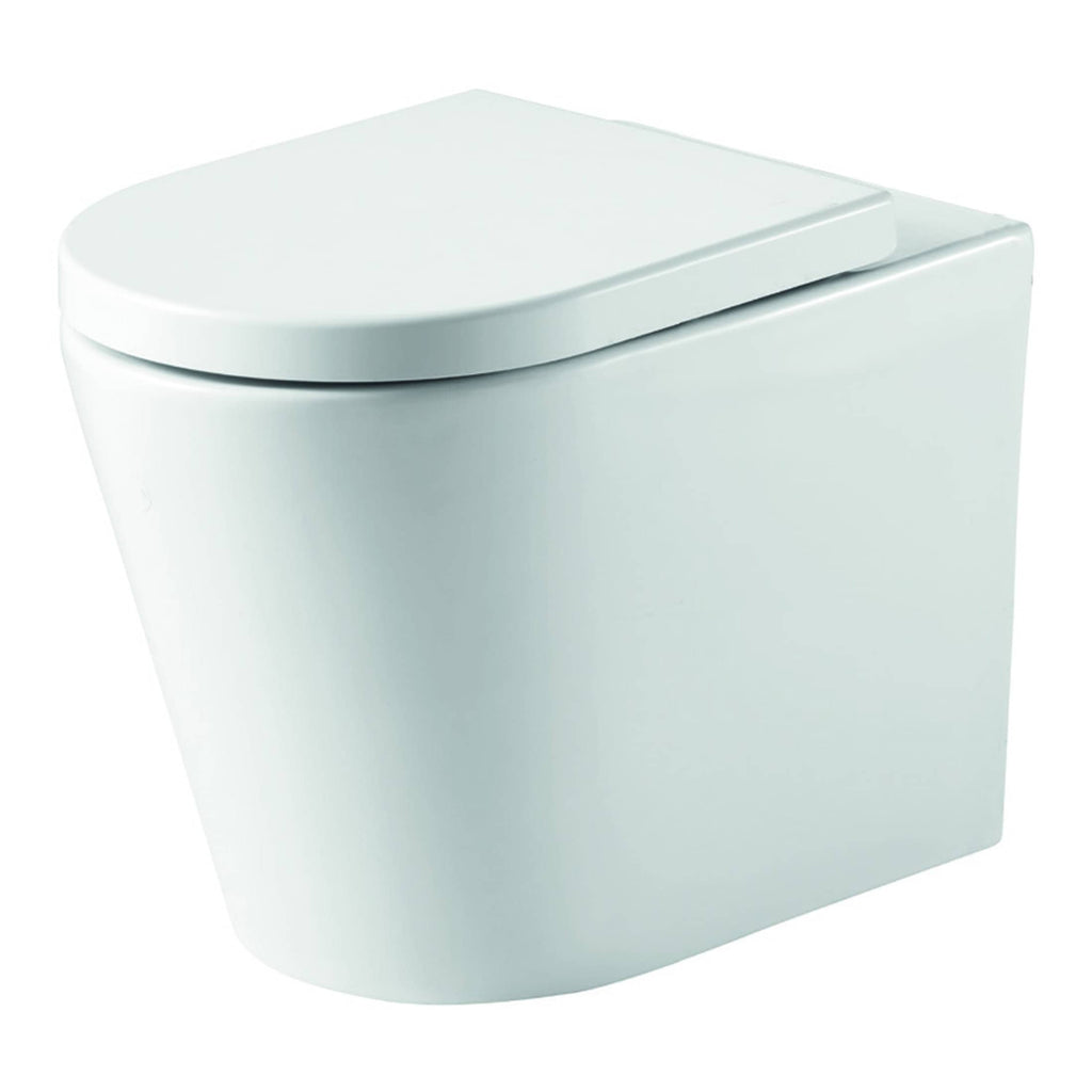 Sleek white modern toilet with soft-close lid, perfect for contemporary bathroom renovatioins and space-saving design. Ideal for stylish and functional bathroom solutions.