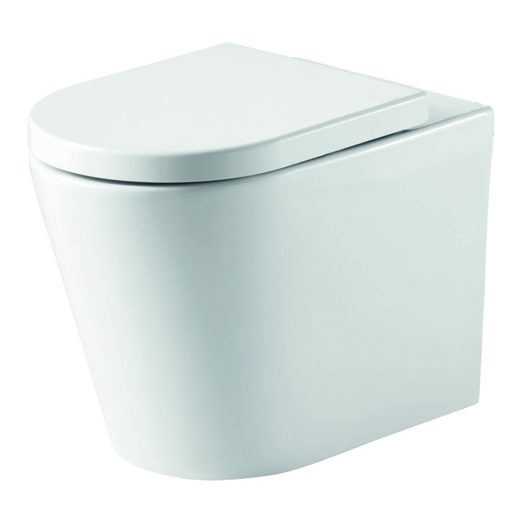 Sleek white modern toilet with soft-close lid, perfect for contemporary bathroom renovatioins and space-saving design. Ideal for stylish and functional bathroom solutions.