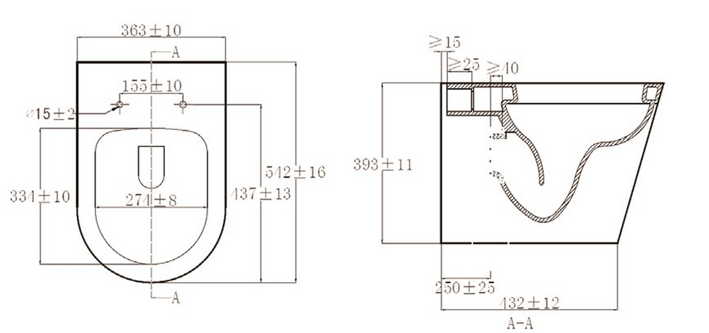 Tailored Ferrara Plus D Shaped Rimless Back To Wall Toilet With Wrap Over Soft Close Seat - White - technical drawing with dimensions