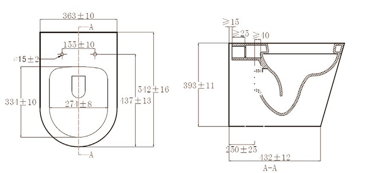 Tailored Ferrara Plus D Shaped Rimless Back To Wall Toilet With Wrap Over Soft Close Seat - White - technical drawing with dimensions