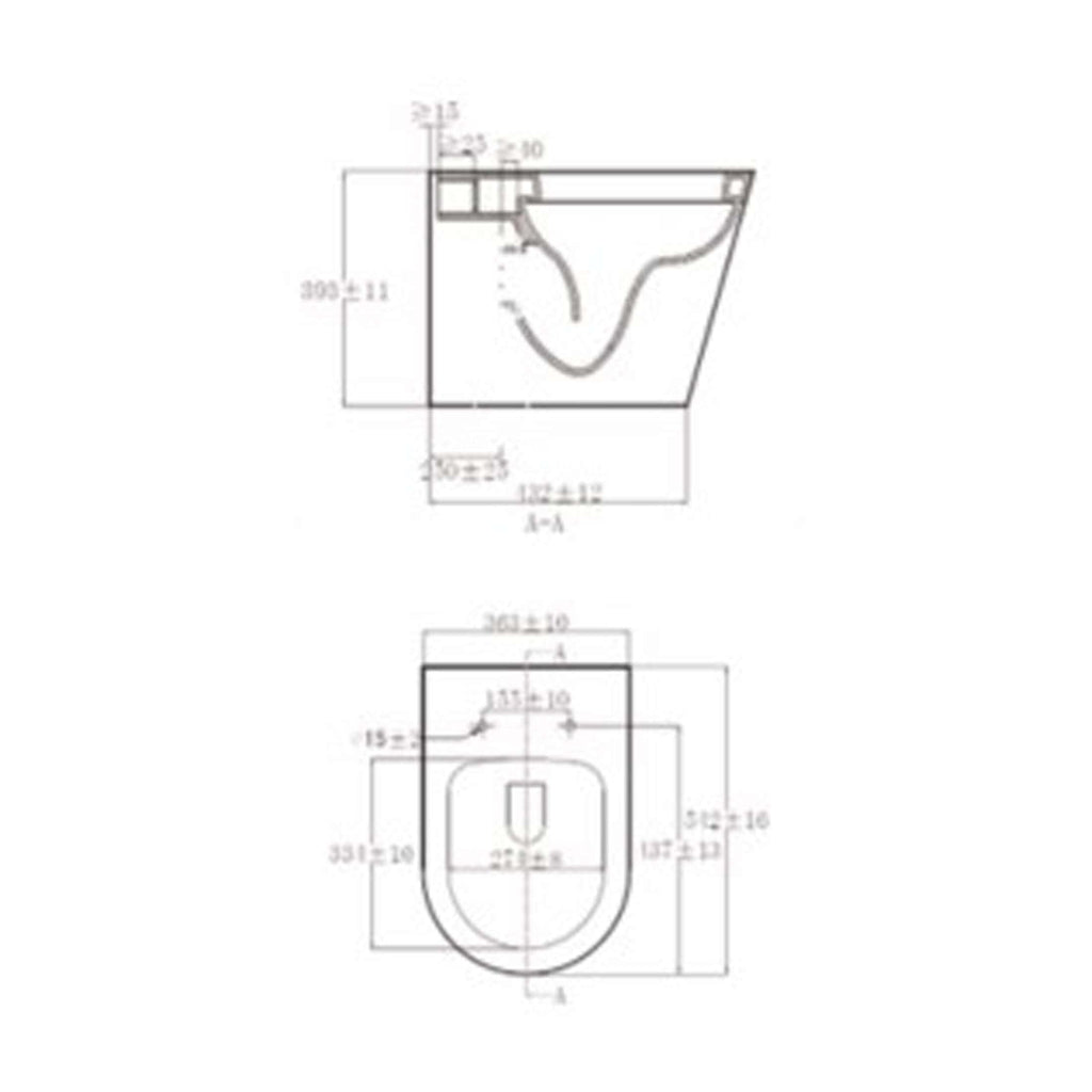 Floor plan drawing of a modern bathroom with measurements for toilet installation and layout, showcasing design details and precise technical specifications.