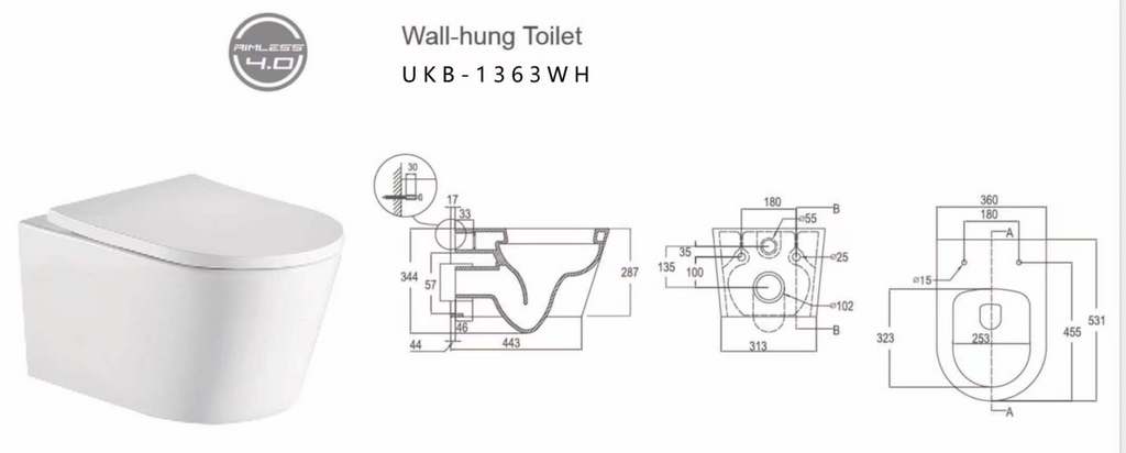 Tailored Ferrara Plus D Shaped Rimless Wall Hung Toilet With Wrap Over Soft Close Seat - White - technical drawing with dimensions