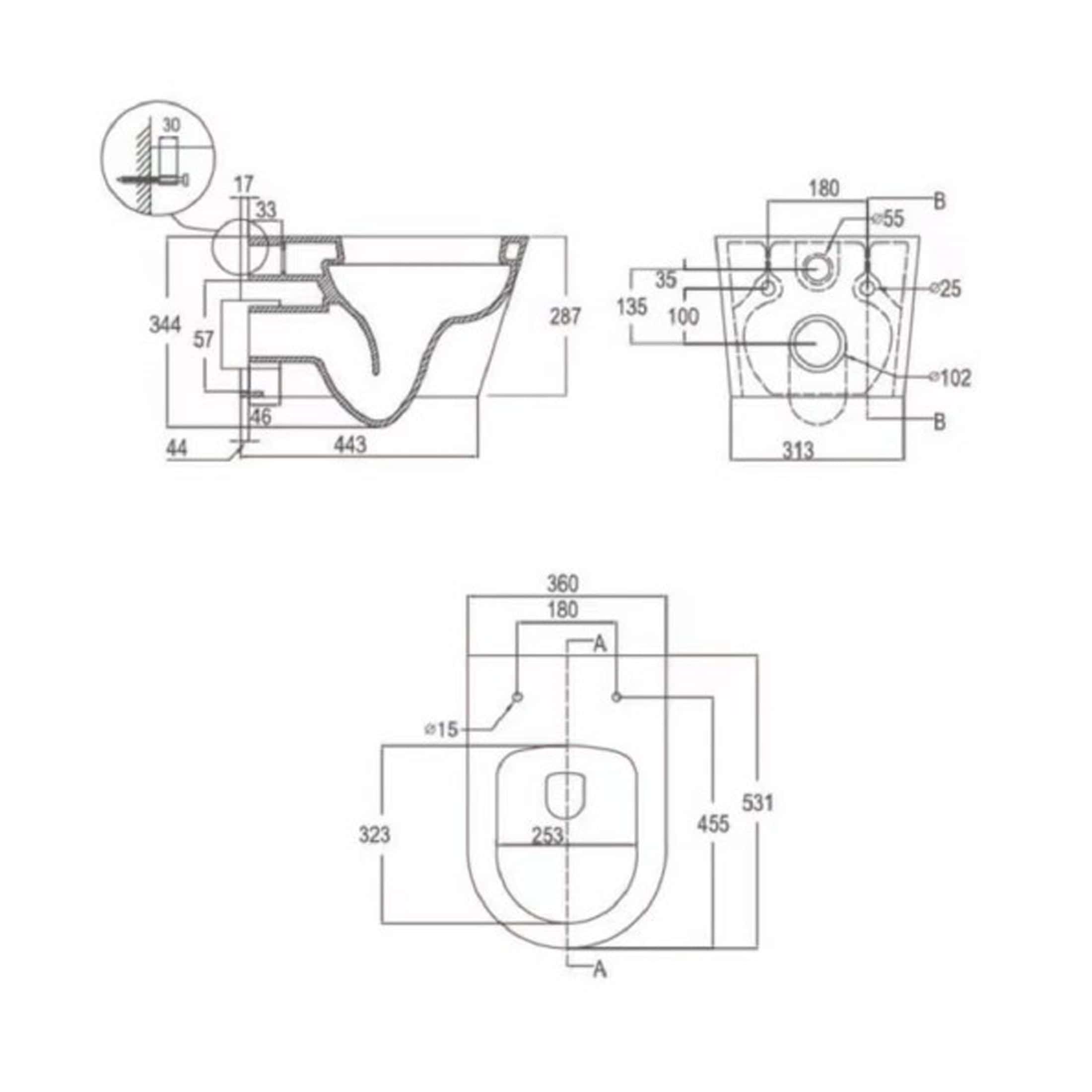 Mechanical technical drawing of a modern bathroom toilet with detailed dimensions and specifications for plumbing and installation. Suitable for bathroom renovation and design projects.