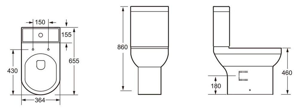 Tailored Florence D Shaped Comfort Height Close Coupled Toilet With Cistern And Soft Close Seat - White - technical drawing with dimensions