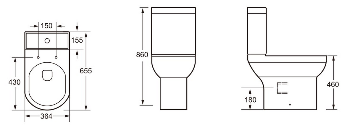 Tailored Florence D Shaped Comfort Height Close Coupled Toilet With Cistern And Soft Close Seat - White - technical drawing with dimensions