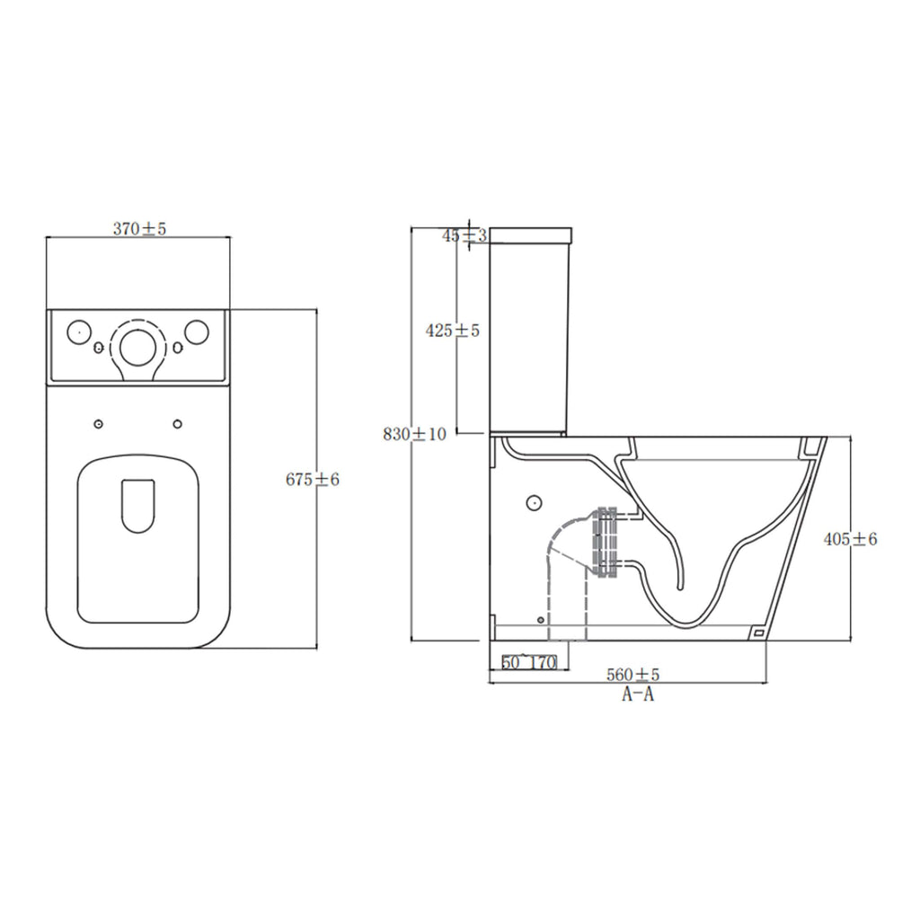 High-resolution technical drawing of a modern toilet with detailed measurements, specifications, and design features from Bubly Bathrooms, ideal for bathroom renovation or design projects.