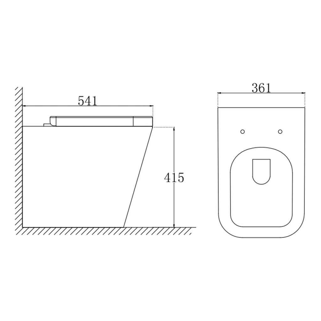 Schematic drawing of a modern toilet with precise dimensions for bathroom design and renovation. The side and top views illustrate measurements for easy installation and space planning.