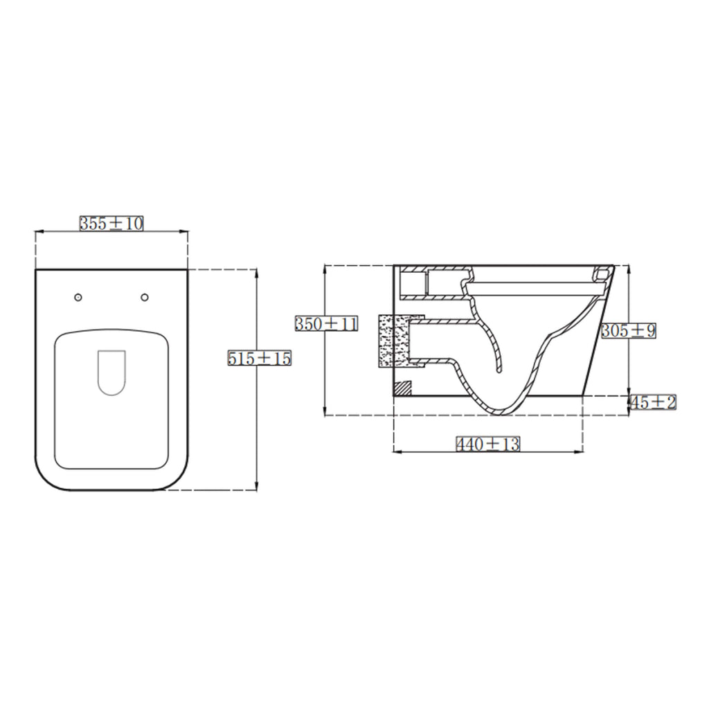 High-quality technical drawing of a modern wall-mounted toilet with detailed measurements, ideal for bathroom renovation projects and interior design planning.