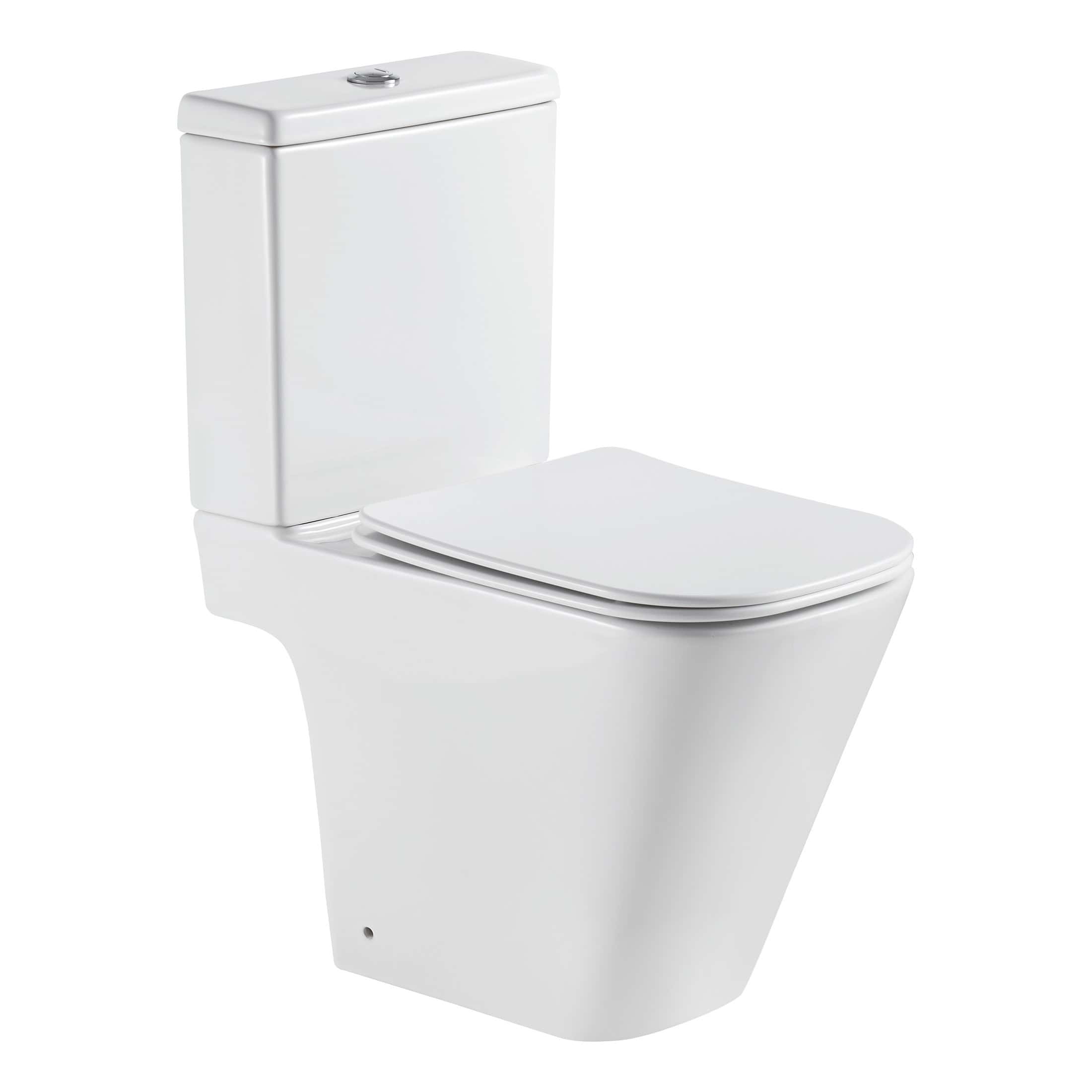 Modern white ceramic close-coupled toilet with dual flush system for bathrooms.