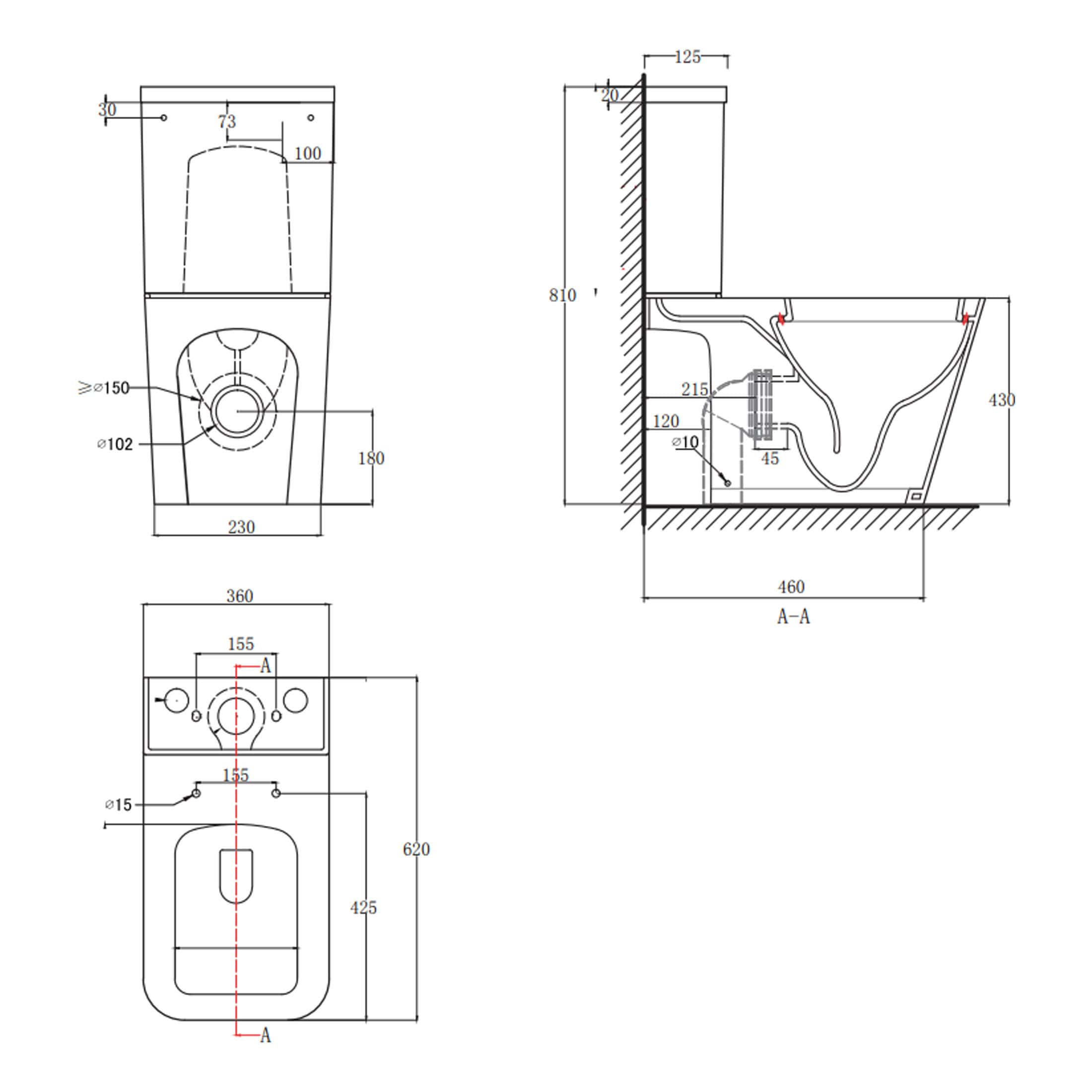 Flush toilet technical drawing with measurements for bathroom design and installation. Detailed schematic showing side, front, and top views, ideal for plumbing and construction planning.
