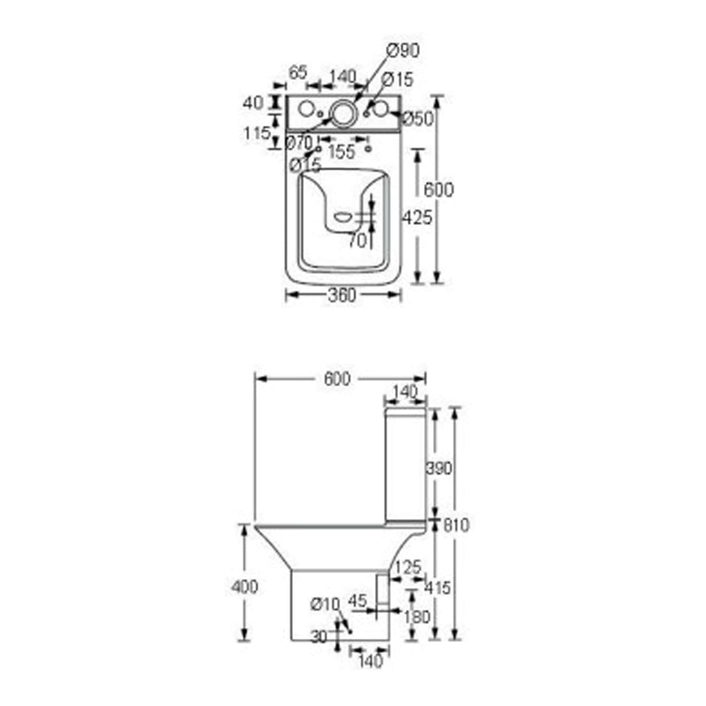 High-resolution technical drawing of a wall-mounted bathroom bidet with detailed dimensions and installation specifications, showcasing plumbing and fitting measurements for bathroom renovation projects.