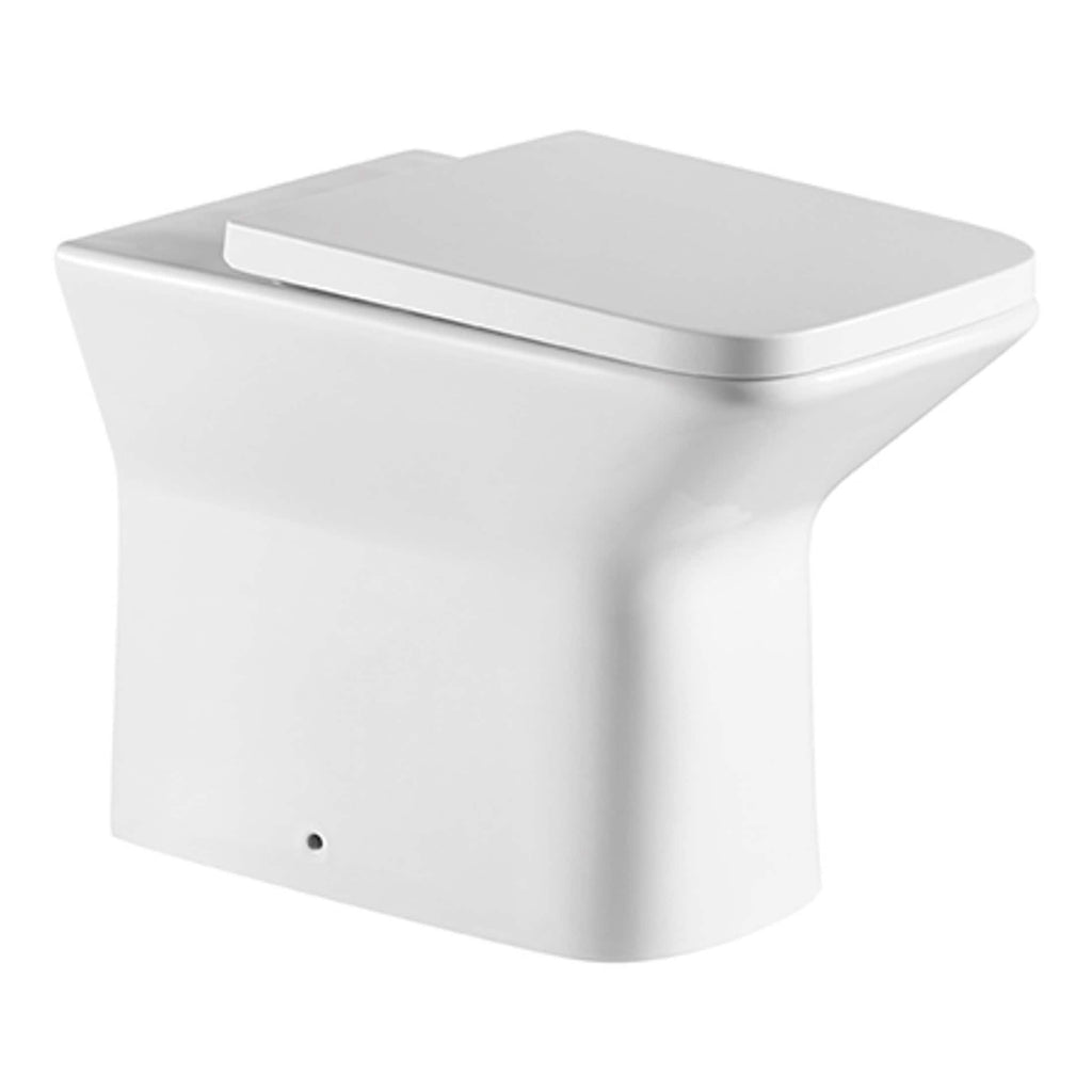 Sleek modern white toilet with soft-close lid, designed for contemporary bathrooms. Features efficient flushing system and easy-to-clean surface, ideal for stylish, hygienic bathroom spaces.
