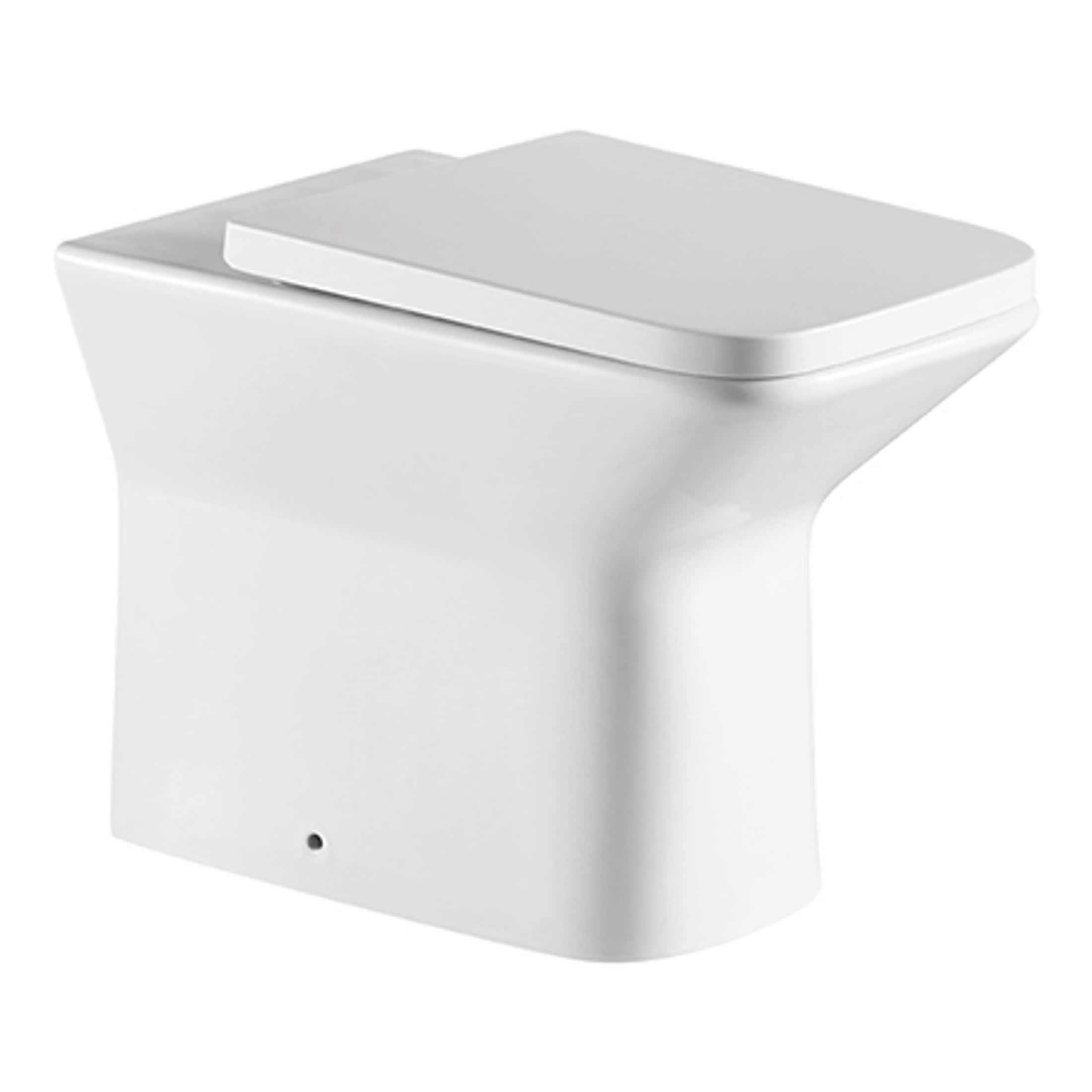 Sleek modern white toilet with soft-close lid, designed for contemporary bathrooms. Features efficient flushing system and easy-to-clean surface, ideal for stylish, hygienic bathroom spaces.