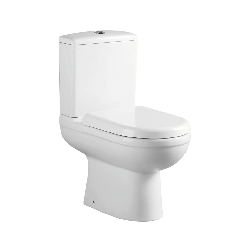 Toilet with dual-flush mechanism for modern bathroom upgrades. White ceramic toilet, water-saving and easy to clean, suitable for contemporary bathroom designs.