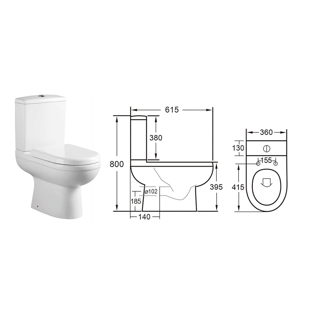 White compact toilet with detailed technical measurements for bathroom renovation, ideal for modern bathroom design and space-saving solutions.