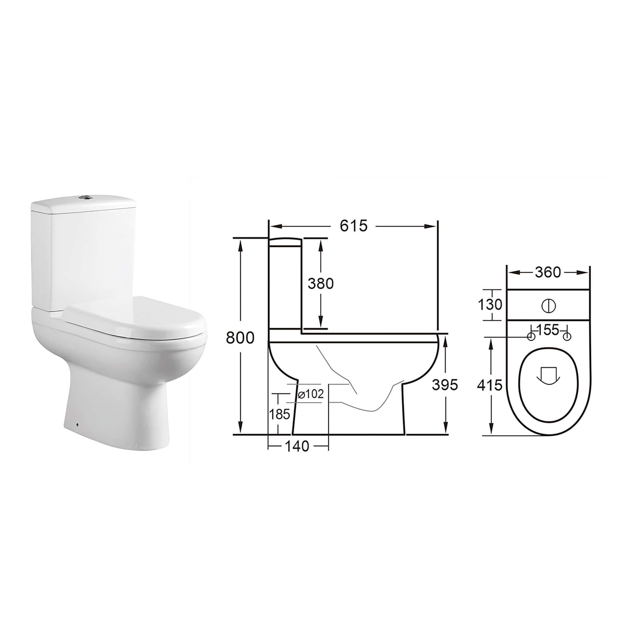 White compact toilet with detailed technical measurements for bathroom renovation, ideal for modern bathroom design and space-saving solutions.