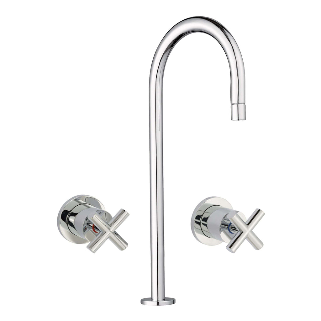 Chrome kitchen sink tap with dual cross handle design and high-arc spout for modern bathrooms and kitchens. Perfect for stylish plumbing upgrades and water efficiency.