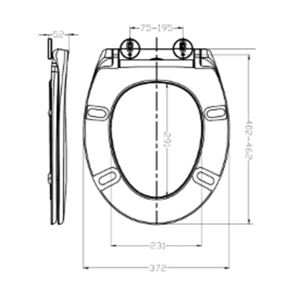 High-quality technical drawing of a toilet seat with detailed measurements, showcasing design and installation specifications for bathroom renovations and plumbing projects.