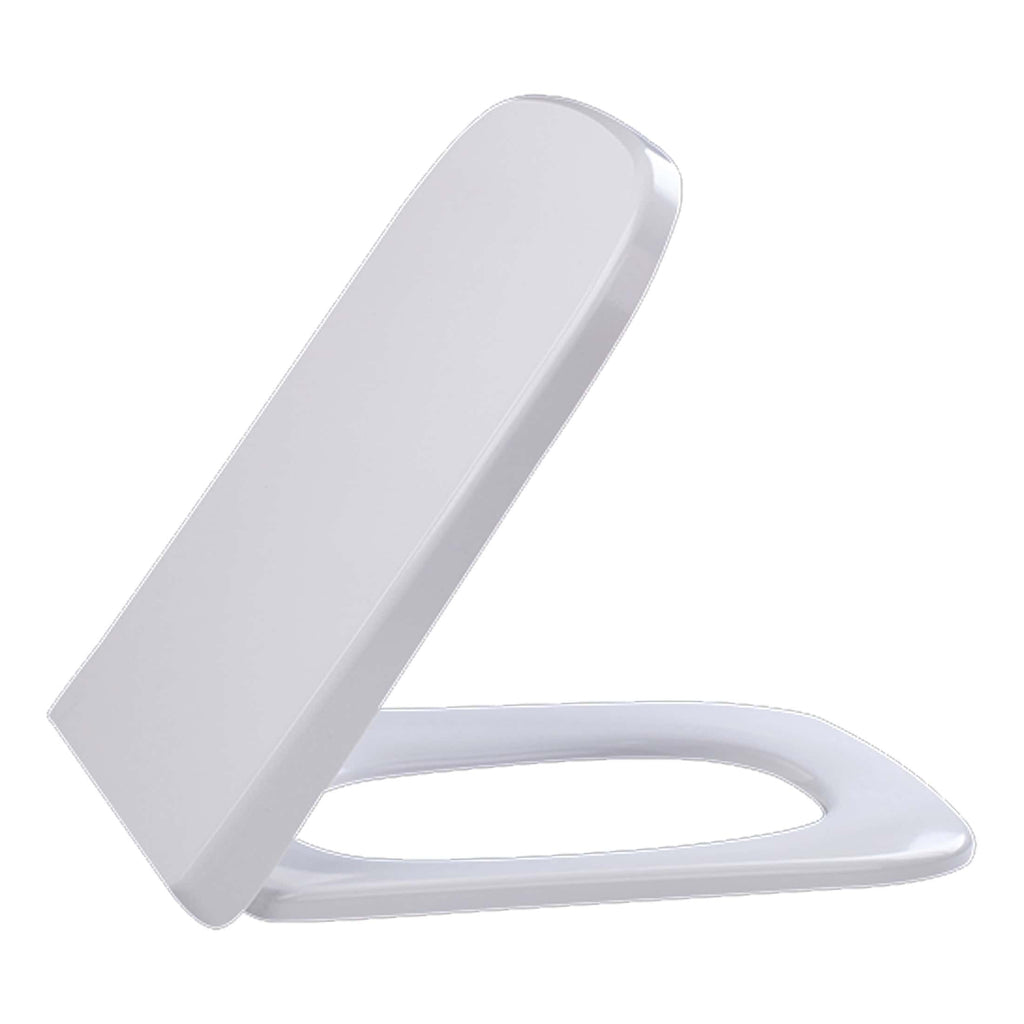Sleek white modern toilet seat with soft-close lid, ideal for contemporary bathrooms, focusing on comfort and hygiene.