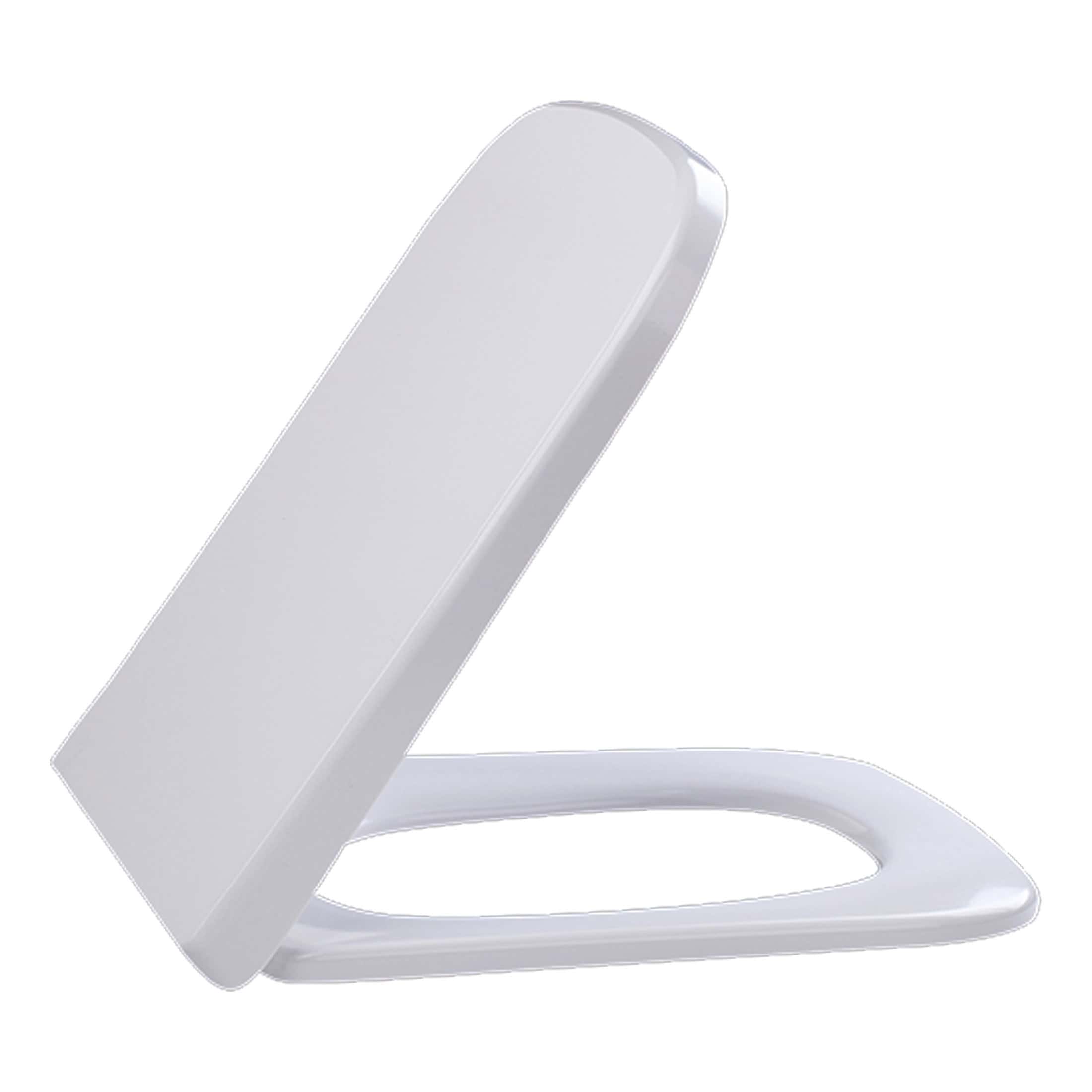 Sleek white modern toilet seat with soft-close lid, ideal for contemporary bathrooms, focusing on comfort and hygiene.