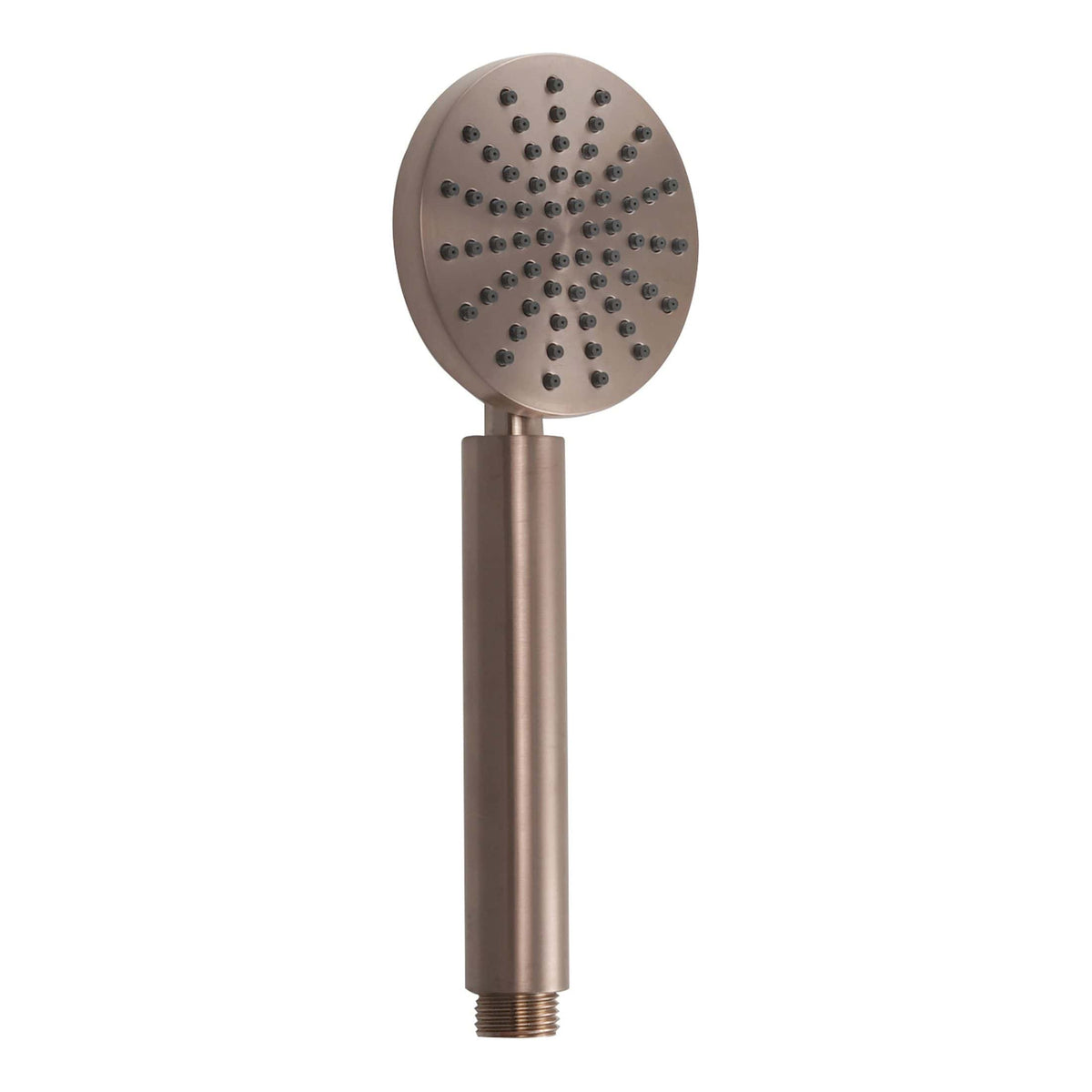 Round showerhead with multiple spray nozzles, brushed nickel finish, contemporary bathroom fixture for a modern shower experience.