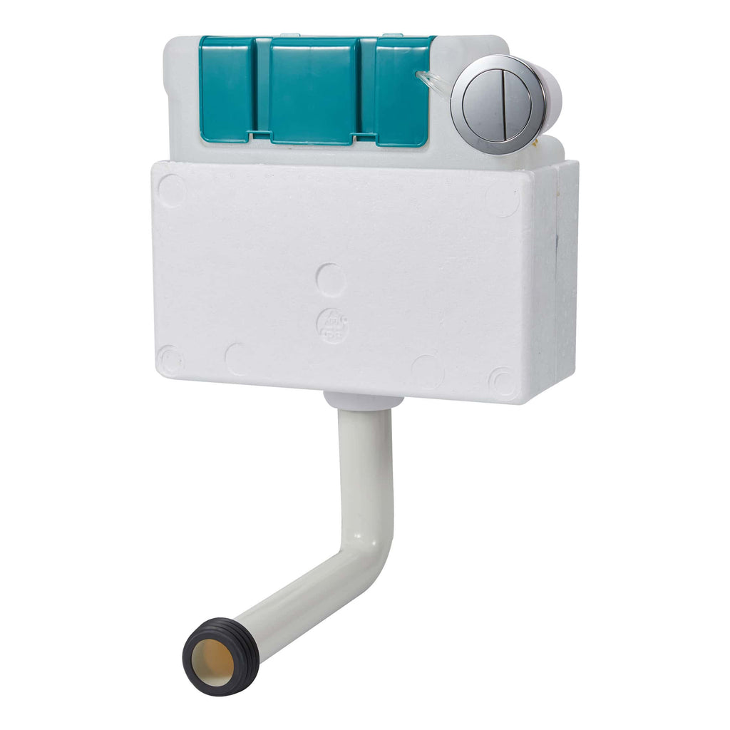 White toilet cistern with a flush mechanism, designed for modern bathroom plumbing installations. Features a blue inspection cover and a flush button for easy operation.