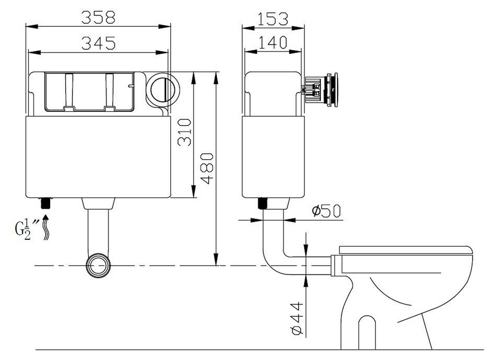 Tailored Concealed Cistern With Polystyrene Jacket and Pneumatic Flush Valve - technical drawing with dimensions
