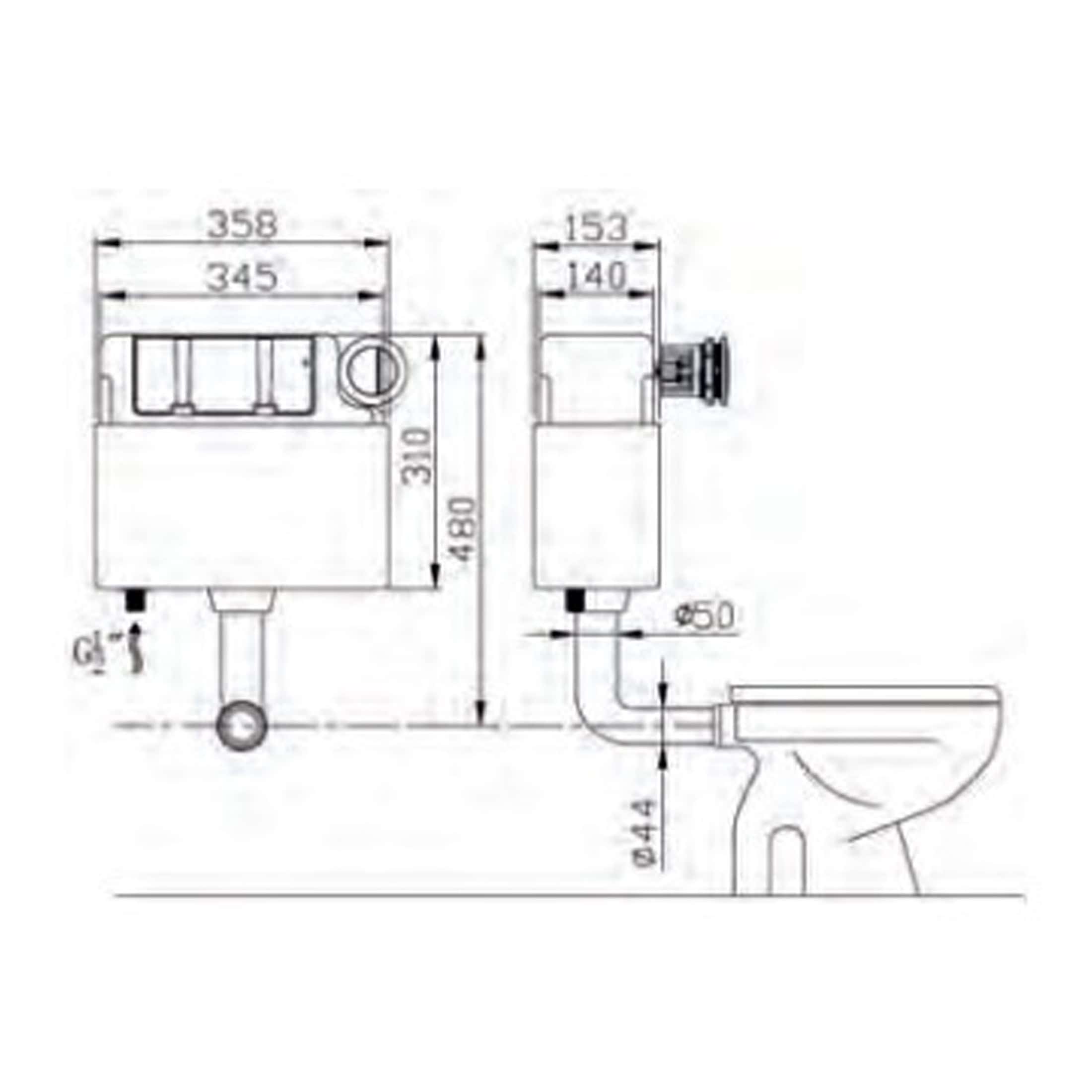High-quality technical drawing of Bubly Bathrooms toilet flush mechanism with detailed dimensions and installation specifications for bathroom comfort and plumbing efficiency.