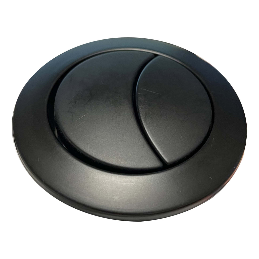 Black push-button switch for bathroom or plumbing fixtures, sleek modern design.