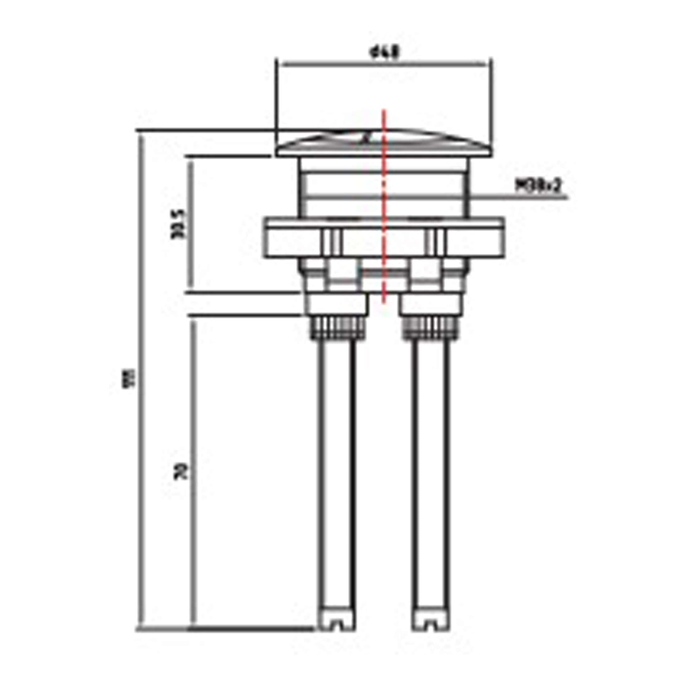 Plumbing component technical drawing with measurements for bathroom fixtures and fittings.