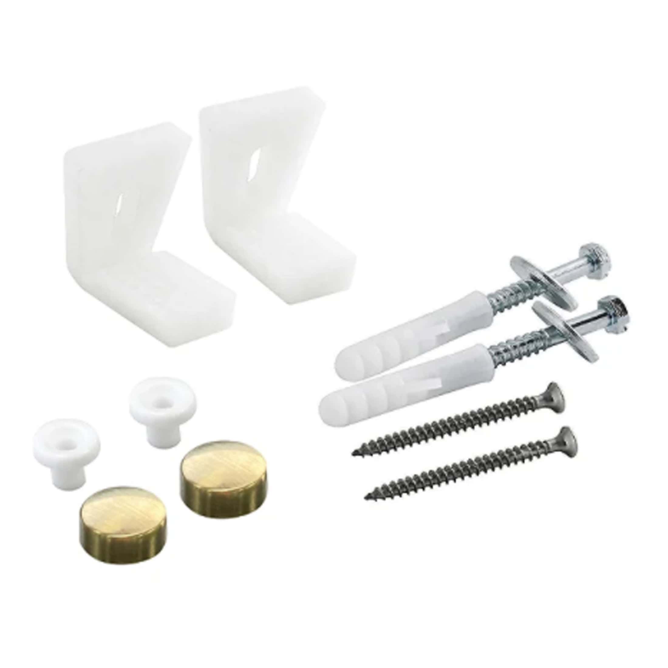 Replacement toilet cistern parts repair kit, including screws, bolts, and brackets for bathroom toilet repairs and maintenance. Essential components for fixing and installing toilet tanks.