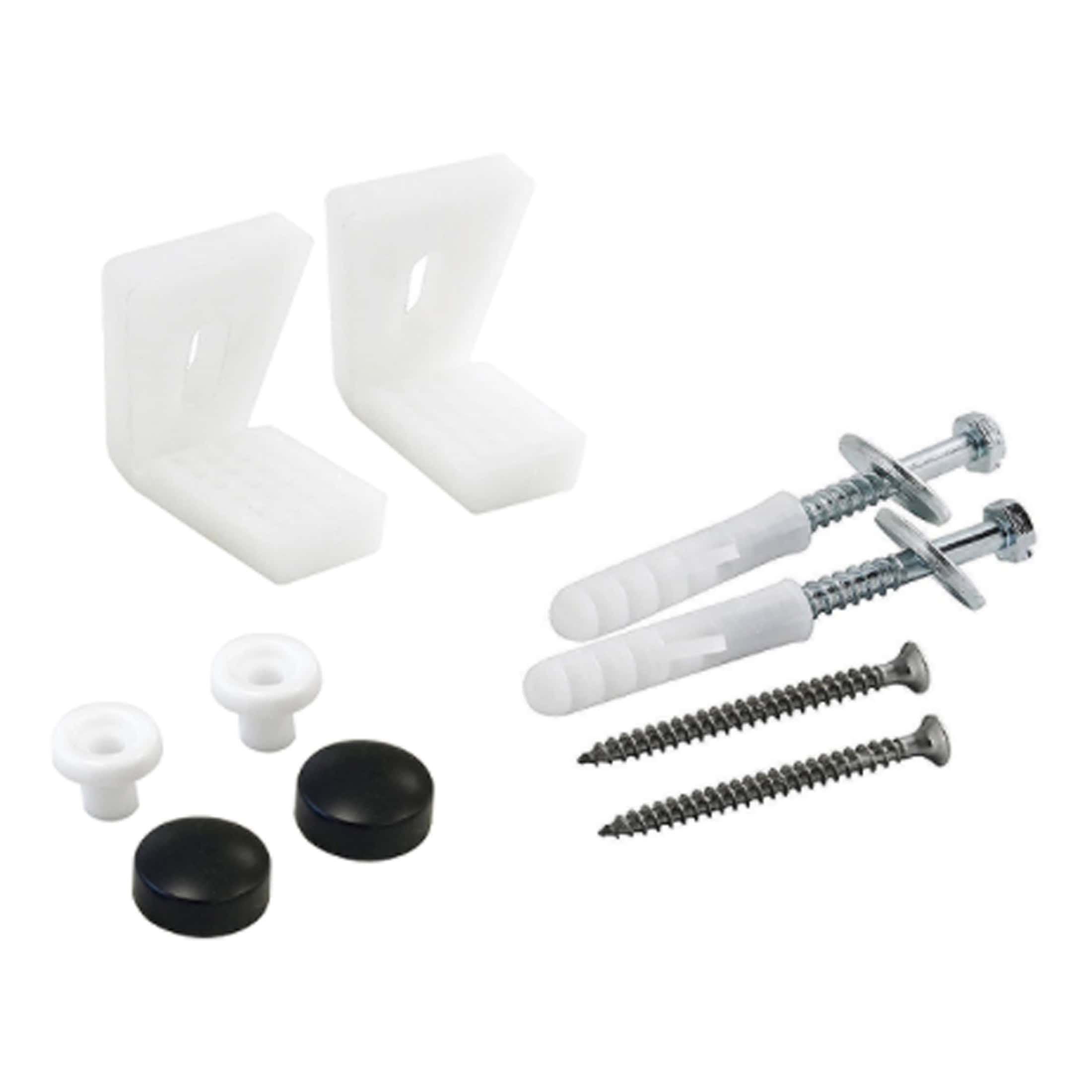 Replacement toilet seat hinge repair kit with screws, wall plugs, and fittings for bathroom fixtures – ideal for secure, durable toilet seat installation.