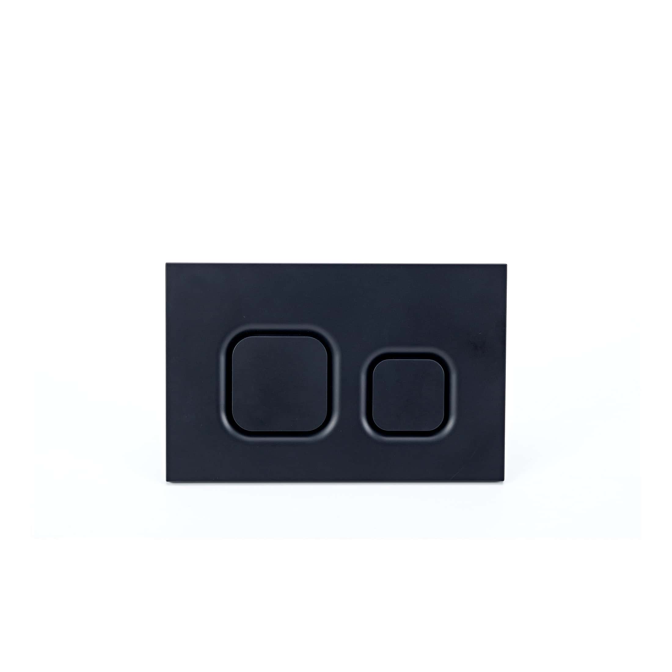 Black dual-flush toilet flush plate for modern bathroom interiors, featuring a minimalistic design and easy-to-use push buttons for efficient water control, ideal for bathroom renovations.