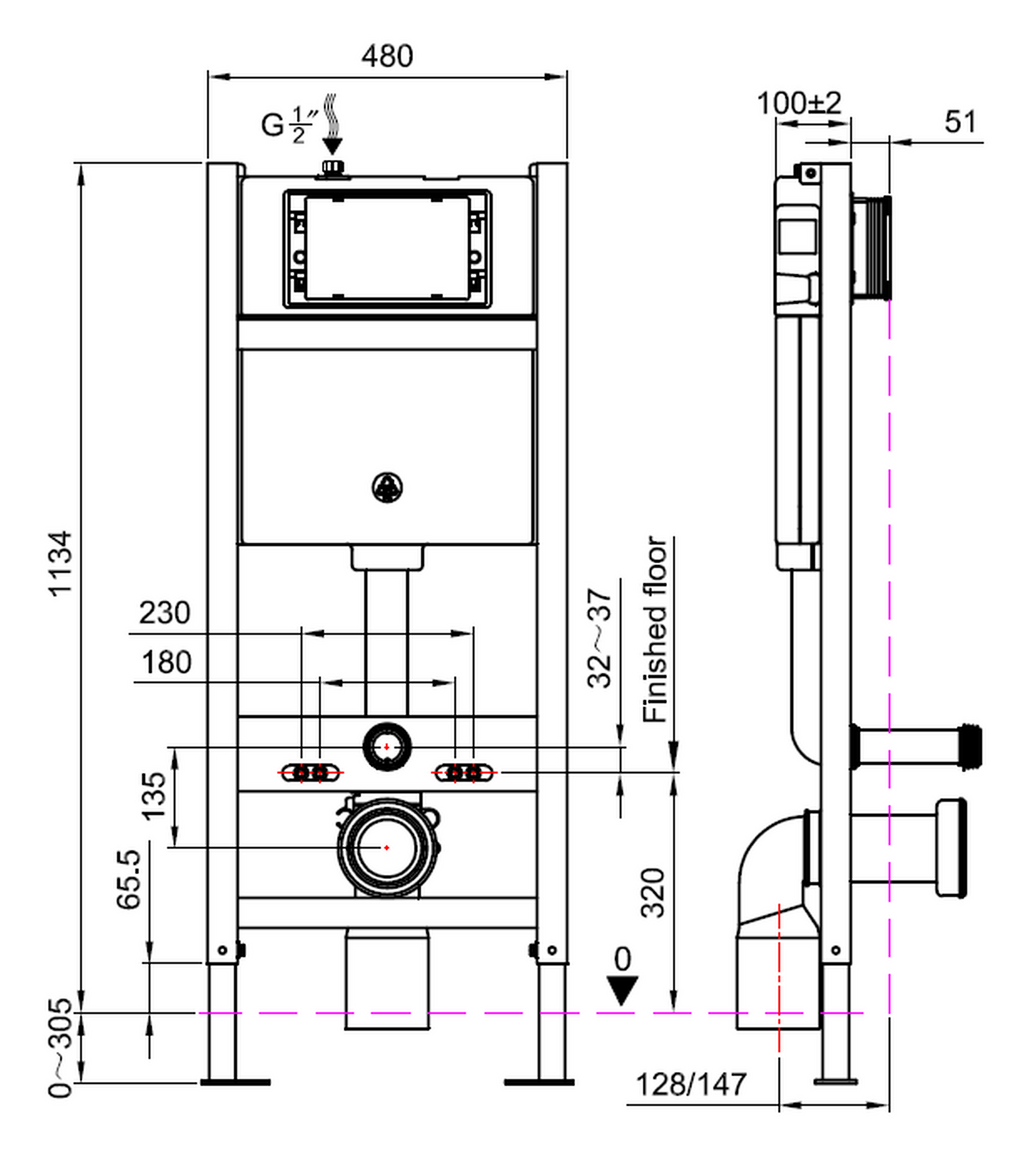 Tailored Toilet Frame and Pneumatic Cistern For Wall Hung Toilet - technical drawing with dimensions
