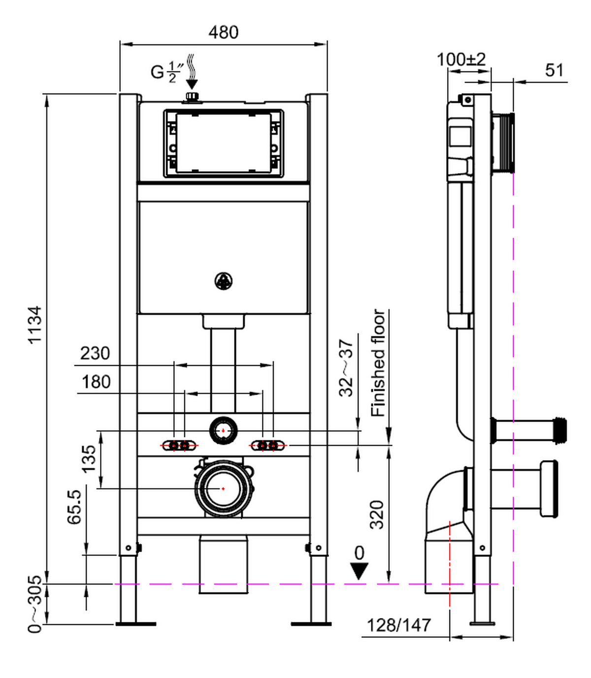 Tailored Toilet Frame and Pneumatic Cistern For Wall Hung Toilet - technical drawing with dimensions
