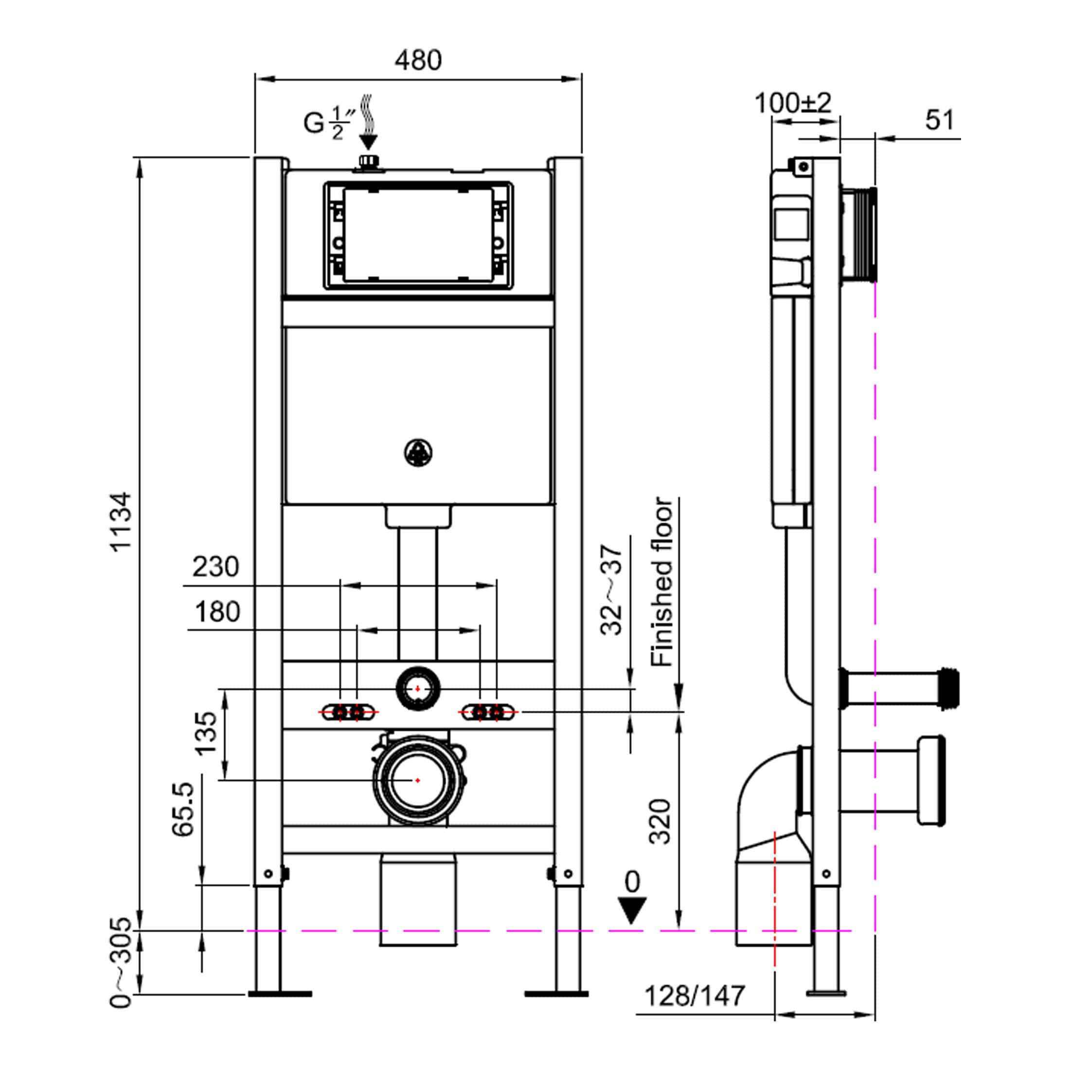 High-quality bathroom wall-hung toilet frame with adjustable height, durable steel construction, detailed technical drawing for installation, and precise measurements for optimal bathroom design.