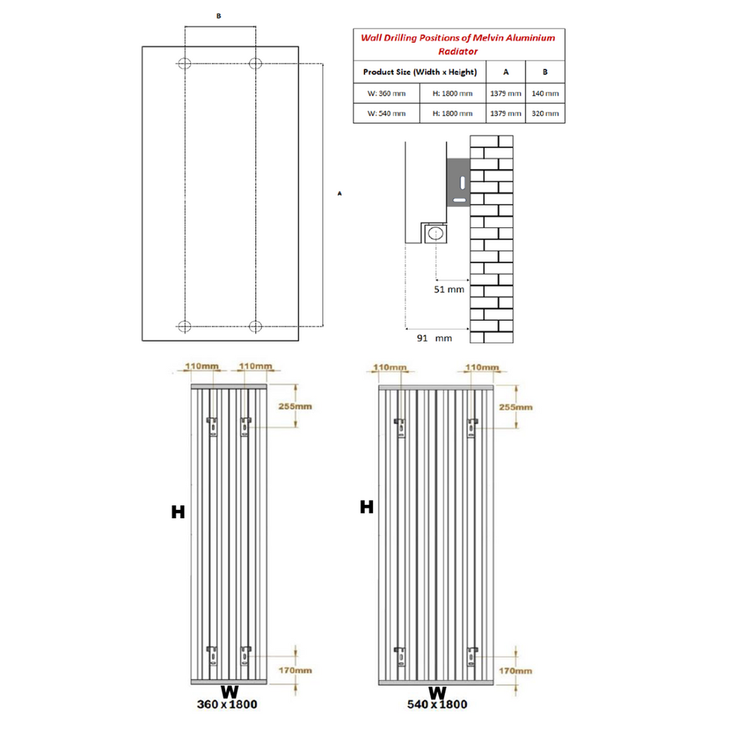 Reina Melvin Black Designer Radiator - technical drawing with dimensions