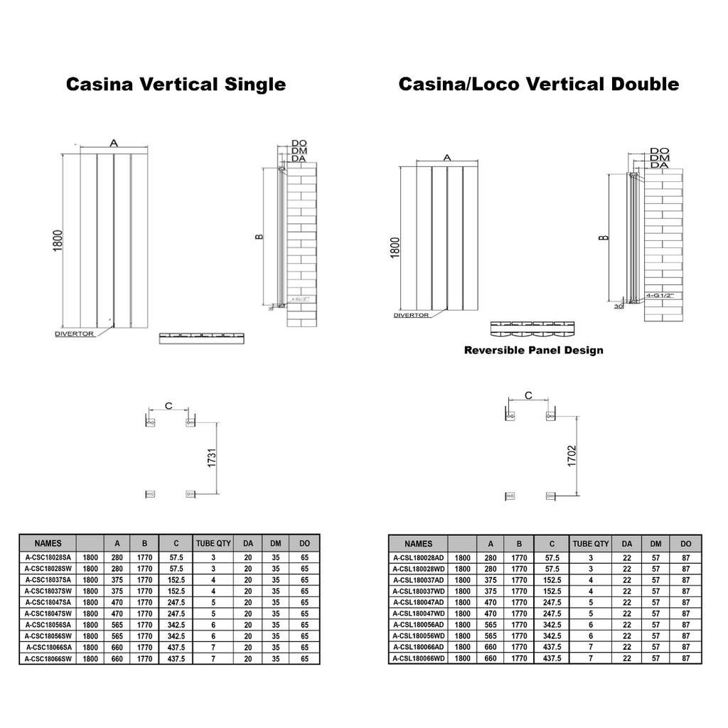 Reina Loco Vertical Double Anthracite Designer Radiator - technical drawing with dimensions