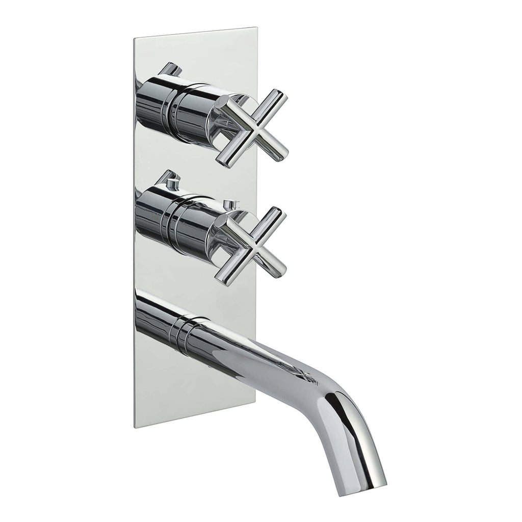 Sleek chrome bathroom mixer tap with dual handles and wall mount, perfect for modern bathroom renovation and fixtures.